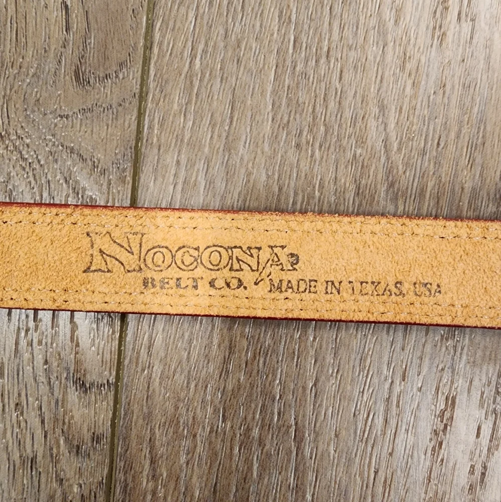 Nocona Red Leather Belt with Silver Aztec Southwestern Design Buckle size 26